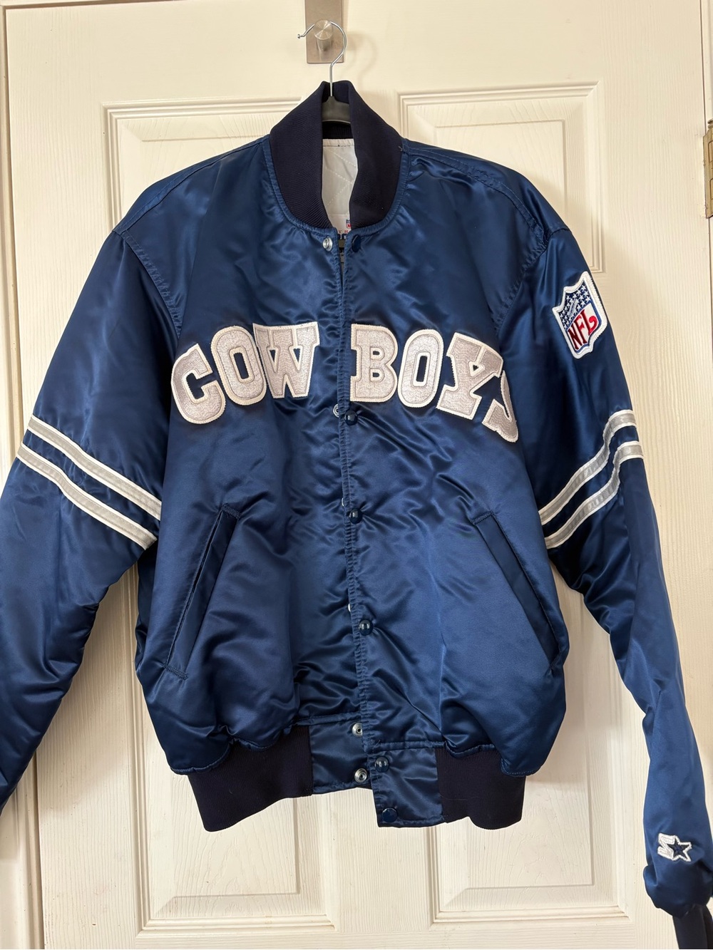 Vintage Starter Dallas Cowboys Jacket Mens L Navy Blue 90s Satin Bomber NFL USA